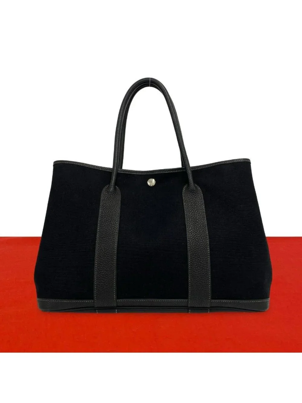 Hermes Garden Party PM Toile Officier Buffalo Tote Bag Black